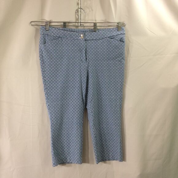 Chico's Blue Print Cropped Pants Size 3 (16) Stretch Cotton Blend - Picture 1 of 4